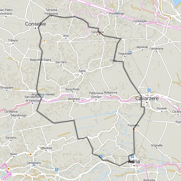 Mapa miniatúra "Okolité dedinky Veneta" cyklistická inšpirácia v Veneto, Italy. Vygenerované cyklistickým plánovačom trás Tarmacs.app