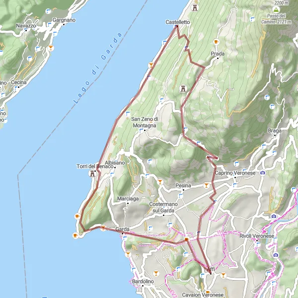 Miniatura della mappa di ispirazione al ciclismo "Avventura gravel tra Affi e Torri del Benaco" nella regione di Veneto, Italy. Generata da Tarmacs.app, pianificatore di rotte ciclistiche