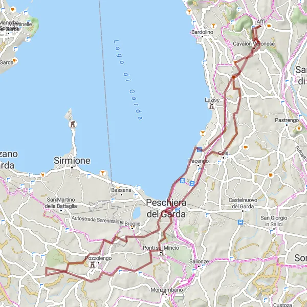 Miniatua del mapa de inspiración ciclista "Recorrido de Grava desde Incaffi a Affi" en Veneto, Italy. Generado por Tarmacs.app planificador de rutas ciclistas