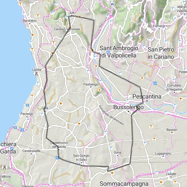 Miniatura della mappa di ispirazione al ciclismo "Giro fra Affi e Monte Moscal" nella regione di Veneto, Italy. Generata da Tarmacs.app, pianificatore di rotte ciclistiche