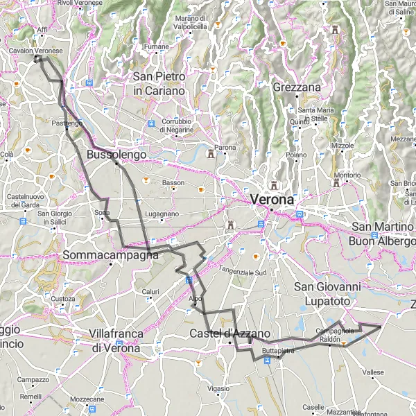 Miniatura della mappa di ispirazione al ciclismo "Strada panoramica tra Affi e Bussolengo" nella regione di Veneto, Italy. Generata da Tarmacs.app, pianificatore di rotte ciclistiche