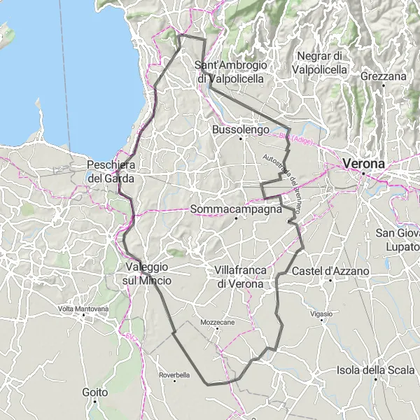 Mapa miniatúra "Cyklistická trasa okolo Affi" cyklistická inšpirácia v Veneto, Italy. Vygenerované cyklistickým plánovačom trás Tarmacs.app