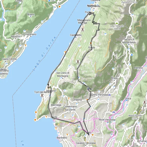 Miniatura della mappa di ispirazione al ciclismo "Giro in bicicletta intorno a Affi" nella regione di Veneto, Italy. Generata da Tarmacs.app, pianificatore di rotte ciclistiche