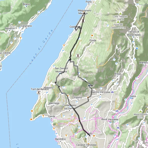 Miniatua del mapa de inspiración ciclista "Ruta en Carretera de Monte Moscal a Affi" en Veneto, Italy. Generado por Tarmacs.app planificador de rutas ciclistas