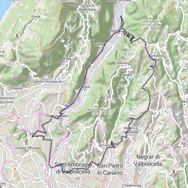 Map miniature of "Challenging Road Adventure from Affi" cycling inspiration in Veneto, Italy. Generated by Tarmacs.app cycling route planner