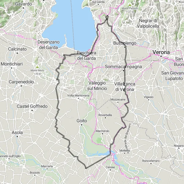 Miniatura della mappa di ispirazione al ciclismo "Esplorazione ciclistica tra Monte Moscal e Affi" nella regione di Veneto, Italy. Generata da Tarmacs.app, pianificatore di rotte ciclistiche