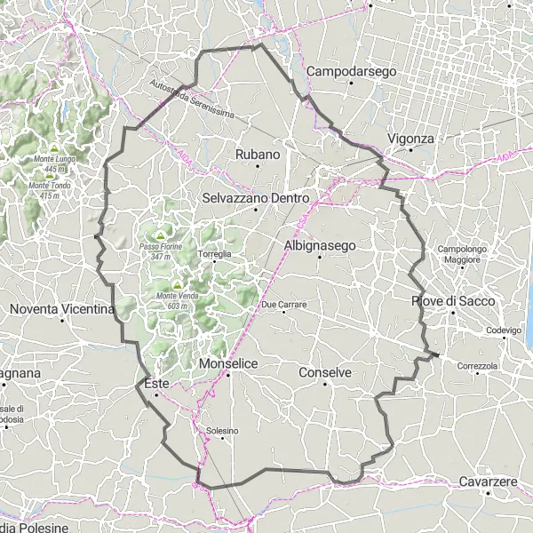 Miniatura della mappa di ispirazione al ciclismo "Giro cicloturistico da Agna a Arre via Castello Carrarese e Camisano Vicentino" nella regione di Veneto, Italy. Generata da Tarmacs.app, pianificatore di rotte ciclistiche