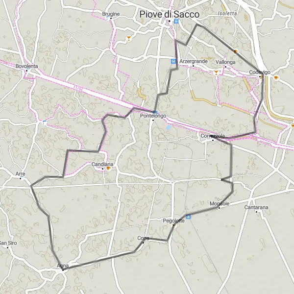 Miniatura della mappa di ispirazione al ciclismo "Giro in bicicletta tra Arre e Cona via Codevigo e Correzzola" nella regione di Veneto, Italy. Generata da Tarmacs.app, pianificatore di rotte ciclistiche