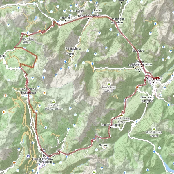 Miniatua del mapa de inspiración ciclista "Ruta de Gravel por las Montañas de Agordo" en Veneto, Italy. Generado por Tarmacs.app planificador de rutas ciclistas