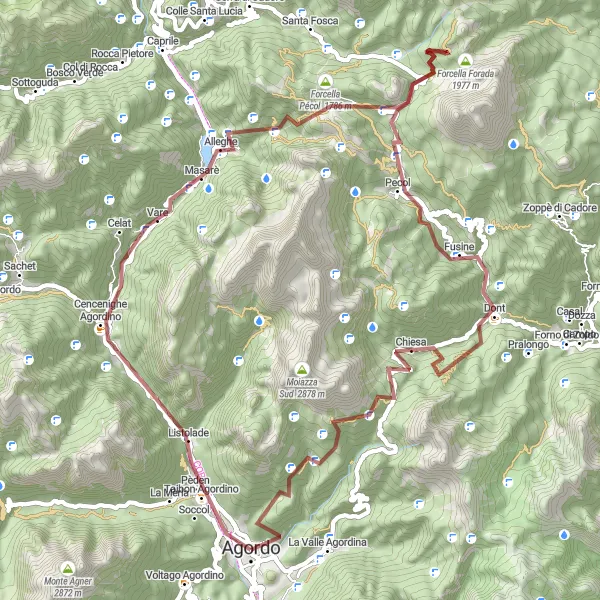 Mapa miniatúra "Trasa na horských cykloch okolo Agorda" cyklistická inšpirácia v Veneto, Italy. Vygenerované cyklistickým plánovačom trás Tarmacs.app