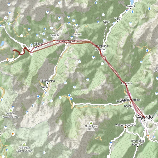 Miniatua del mapa de inspiración ciclista "Ruta Circular de Gravel por los Alrededores de Agordo" en Veneto, Italy. Generado por Tarmacs.app planificador de rutas ciclistas