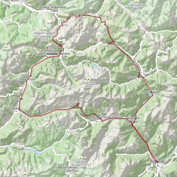 Mapa miniatúra "Gravel okruh cez Canale d'Agordo a Pozza di Fassa" cyklistická inšpirácia v Veneto, Italy. Vygenerované cyklistickým plánovačom trás Tarmacs.app