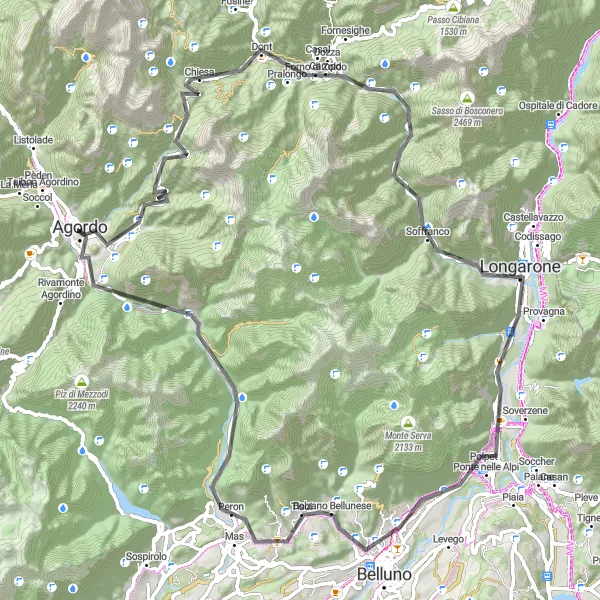 Kartminiatyr av "Opplevelsesrik Sykkeltur rundt Agordo" sykkelinspirasjon i Veneto, Italy. Generert av Tarmacs.app sykkelrutoplanlegger