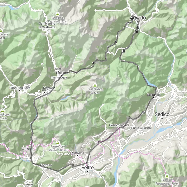 Mapa miniatúra "Horská cyklotrasa od Agorda" cyklistická inšpirácia v Veneto, Italy. Vygenerované cyklistickým plánovačom trás Tarmacs.app