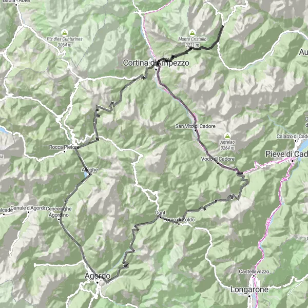 Karten-Miniaturansicht der Radinspiration "Abenteuer in den Dolomiten" in Veneto, Italy. Erstellt vom Tarmacs.app-Routenplaner für Radtouren