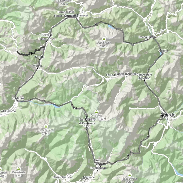 Mapa miniatúra "Road okruh cez Passo Cereda a San Martino di Castrozza" cyklistická inšpirácia v Veneto, Italy. Vygenerované cyklistickým plánovačom trás Tarmacs.app