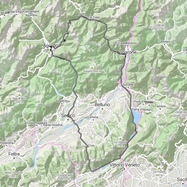 Miniatua del mapa de inspiración ciclista "Ruta en Carretera de Agordo a Col di Frare" en Veneto, Italy. Generado por Tarmacs.app planificador de rutas ciclistas