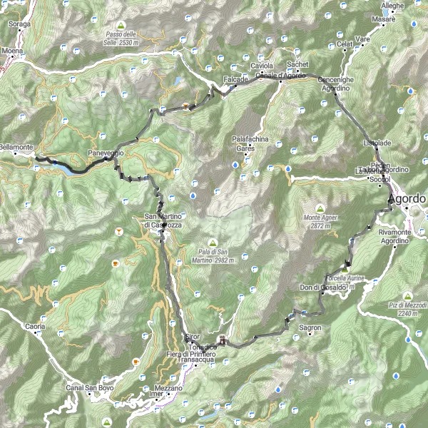 Map miniature of "Agordo to San Martino di Castrozza Cycling Route (Road)" cycling inspiration in Veneto, Italy. Generated by Tarmacs.app cycling route planner