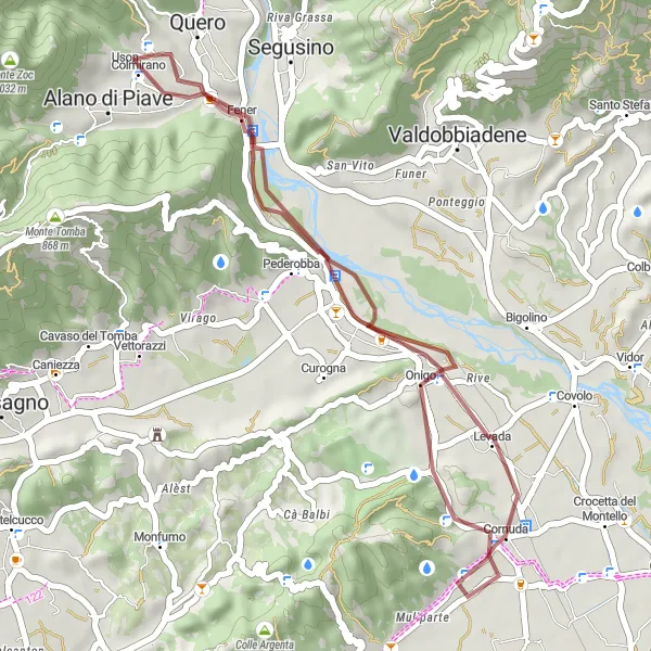Mapa miniatúra "Pikantná cesta okolo Alano di Piave" cyklistická inšpirácia v Veneto, Italy. Vygenerované cyklistickým plánovačom trás Tarmacs.app