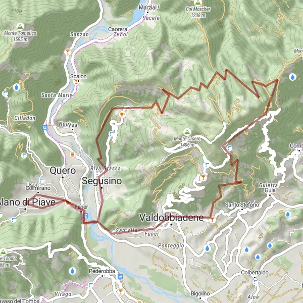 Zemljevid v pomanjšavi "Gravelna krožna pot preko Valdobbiadene in Monte Cimon" kolesarske inspiracije v Veneto, Italy. Generirano z načrtovalcem kolesarskih poti Tarmacs.app