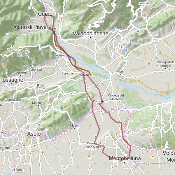 Zemljevid v pomanjšavi "Razgibana kolesarska pot do Monte Palazza" kolesarske inspiracije v Veneto, Italy. Generirano z načrtovalcem kolesarskih poti Tarmacs.app