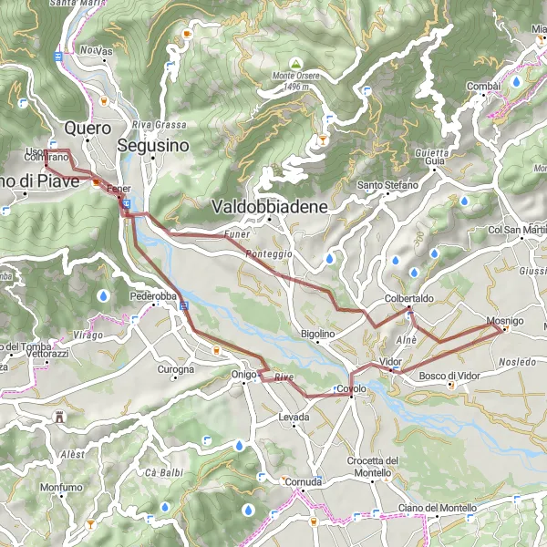 Kartminiatyr av "Grusvägsmil mellan Alano di Piave" cykelinspiration i Veneto, Italy. Genererad av Tarmacs.app cykelruttplanerare