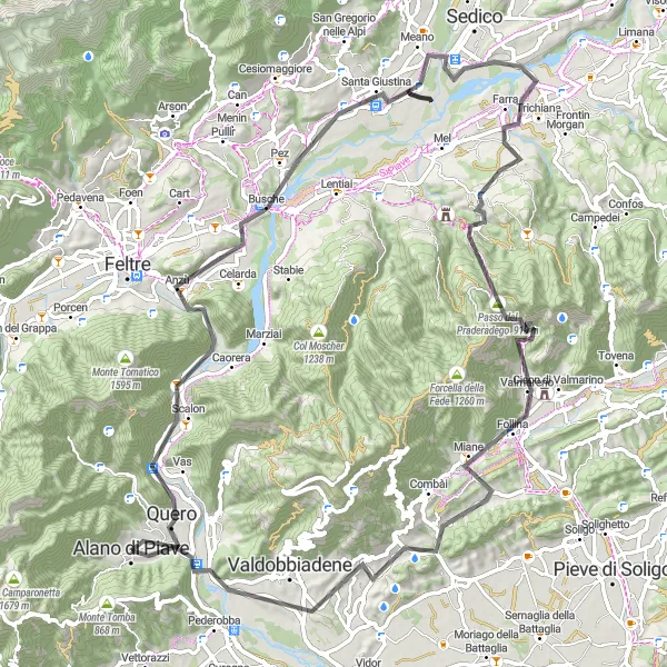 Zemljevid v pomanjšavi "Cestna krožna pot preko Quero in Follina" kolesarske inspiracije v Veneto, Italy. Generirano z načrtovalcem kolesarskih poti Tarmacs.app