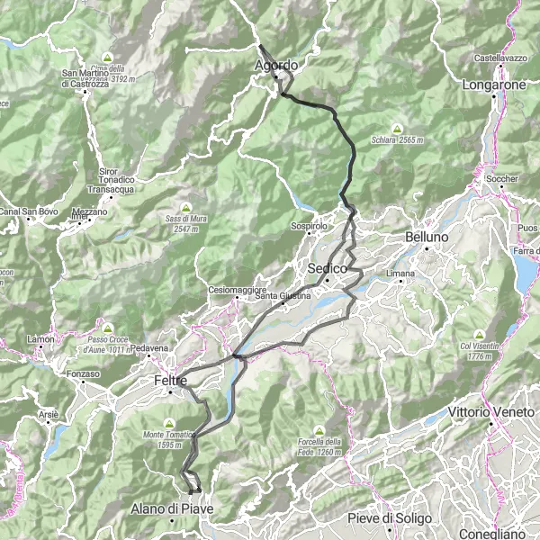 Miniatua del mapa de inspiración ciclista "Ruta de Carretera Feltre-Agordo" en Veneto, Italy. Generado por Tarmacs.app planificador de rutas ciclistas