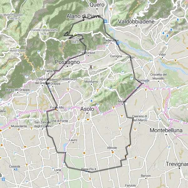 Kartminiatyr av "Historisk vei fra Alano di Piave til Monte Tomba" sykkelinspirasjon i Veneto, Italy. Generert av Tarmacs.app sykkelrutoplanlegger
