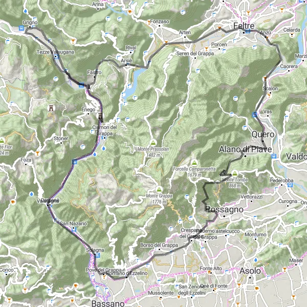 Map miniature of "Challenging Road Cycling Route near Alano di Piave" cycling inspiration in Veneto, Italy. Generated by Tarmacs.app cycling route planner