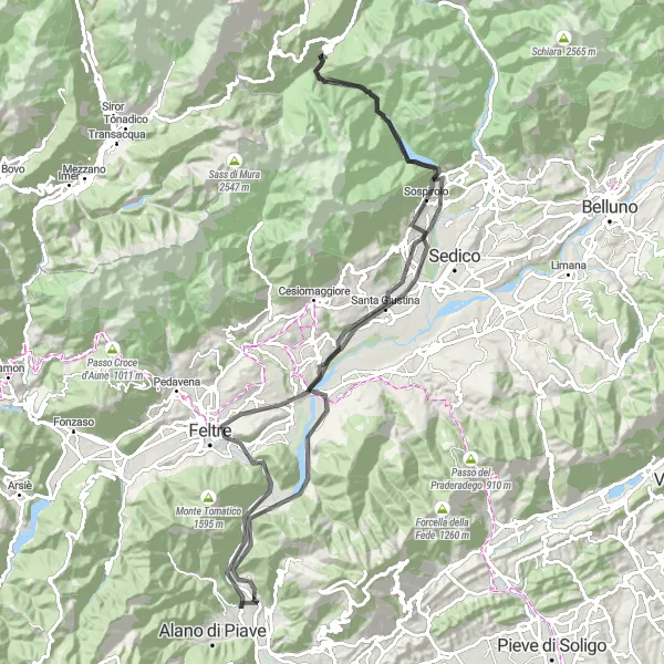 Miniatua del mapa de inspiración ciclista "Ruta de ciclismo de carretera cerca de Alano di Piave" en Veneto, Italy. Generado por Tarmacs.app planificador de rutas ciclistas
