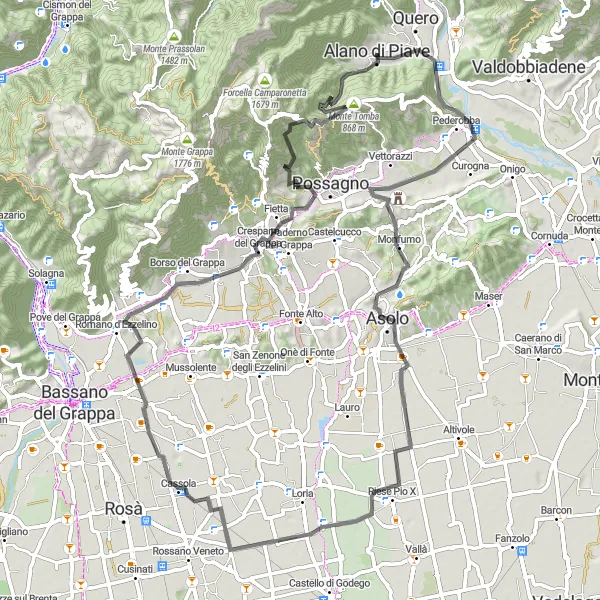 Kartminiatyr av "Rundtur fra Alano di Piave" sykkelinspirasjon i Veneto, Italy. Generert av Tarmacs.app sykkelrutoplanlegger