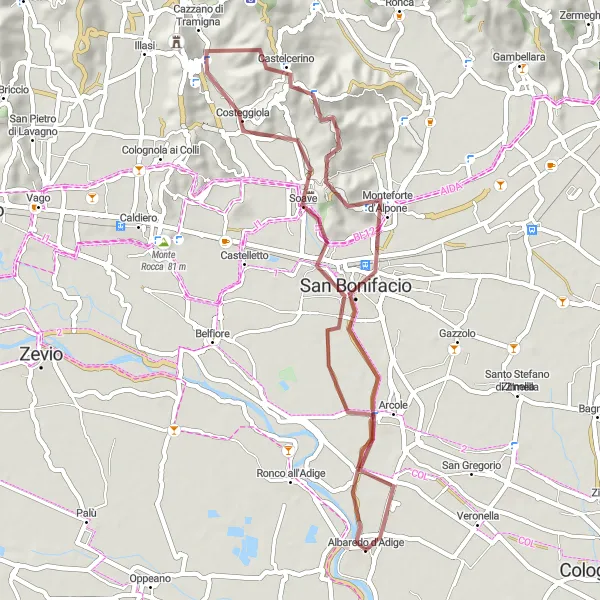 Miniature de la carte de l'inspiration cycliste "Vignobles et panoramas de Verona" dans la Veneto, Italy. Générée par le planificateur d'itinéraire cycliste Tarmacs.app