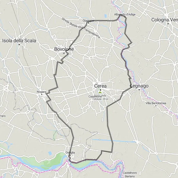 Miniatua del mapa de inspiración ciclista "Ruta de carretera desde Albaredo d'Adige a Oppeano" en Veneto, Italy. Generado por Tarmacs.app planificador de rutas ciclistas