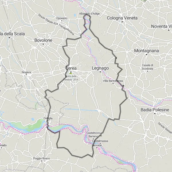 Miniatura della mappa di ispirazione al ciclismo "Avventura in Bicicletta tra Albaredo d'Adige" nella regione di Veneto, Italy. Generata da Tarmacs.app, pianificatore di rotte ciclistiche