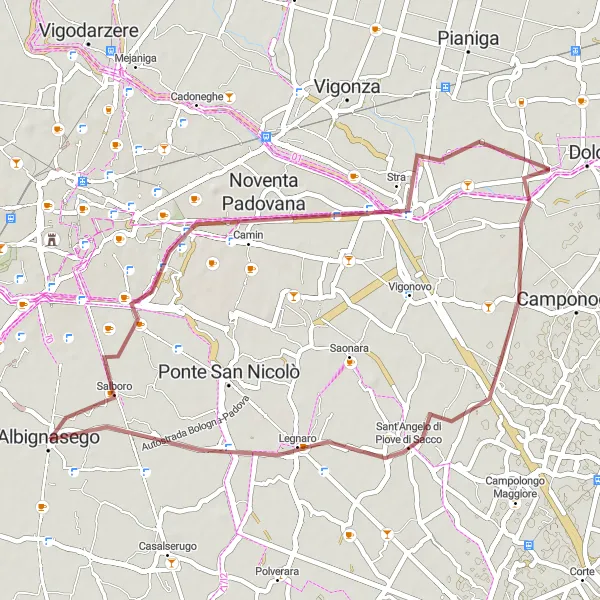Miniatua del mapa de inspiración ciclista "Ruta de ciclismo de grava por Noventa Padovana y Legnaro" en Veneto, Italy. Generado por Tarmacs.app planificador de rutas ciclistas