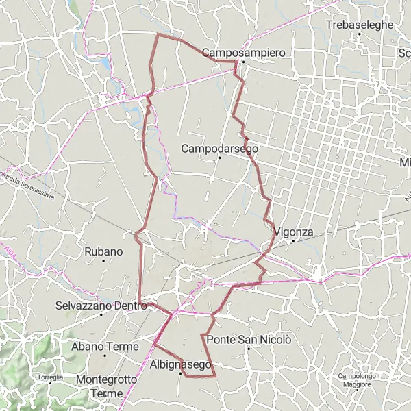 Kartminiatyr av "Grusbana runt Albignasego" cykelinspiration i Veneto, Italy. Genererad av Tarmacs.app cykelruttplanerare