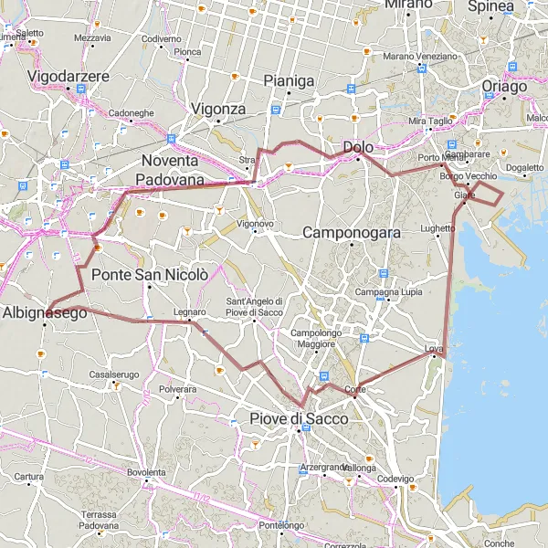 Miniaturní mapa "Cyklotrasa Albignasego - Noventa Padovana - Villa Schiavi Vescovi - Giare - Piove di Sacco - Legnaro" inspirace pro cyklisty v oblasti Veneto, Italy. Vytvořeno pomocí plánovače tras Tarmacs.app