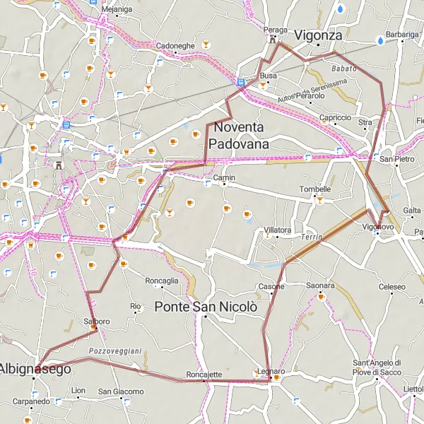 Mapa miniatúra "Gravelová cyklotrasa cez Noventa Padovana a Legnaro" cyklistická inšpirácia v Veneto, Italy. Vygenerované cyklistickým plánovačom trás Tarmacs.app