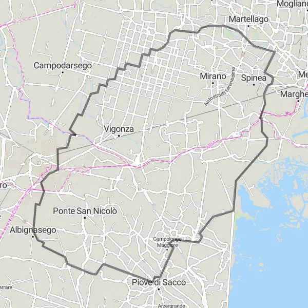 Mapa miniatúra "Okruhová cyklotrasa cez Trivignano a Campagna Lupia" cyklistická inšpirácia v Veneto, Italy. Vygenerované cyklistickým plánovačom trás Tarmacs.app