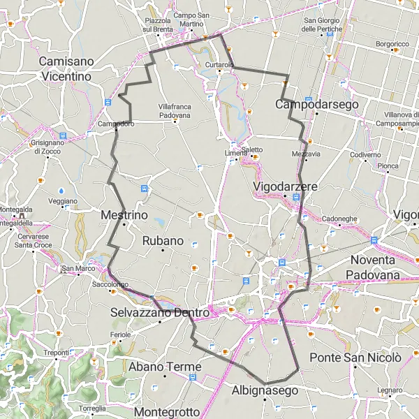 Miniatua del mapa de inspiración ciclista "Ruta Albignasego-Palazzo Emo Capodilista" en Veneto, Italy. Generado por Tarmacs.app planificador de rutas ciclistas