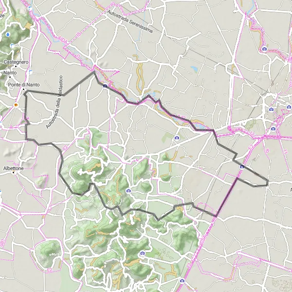 Miniaturní mapa "Montegrotto Terme - Monte delle Valli - Teolo - Passo Fiorine - Monticello - Ponte di Nanto - Saccolongo - Albignasego" inspirace pro cyklisty v oblasti Veneto, Italy. Vytvořeno pomocí plánovače tras Tarmacs.app