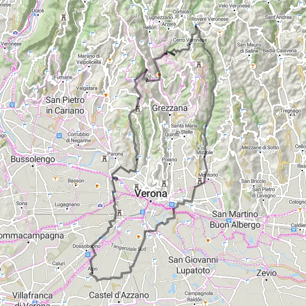 Zemljevid v pomanjšavi "Krožna cestna pot okoli Alpoja" kolesarske inspiracije v Veneto, Italy. Generirano z načrtovalcem kolesarskih poti Tarmacs.app