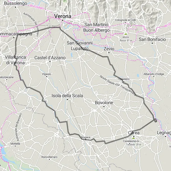 Miniatura della mappa di ispirazione al ciclismo "Tra Vinci e Juliet" nella regione di Veneto, Italy. Generata da Tarmacs.app, pianificatore di rotte ciclistiche