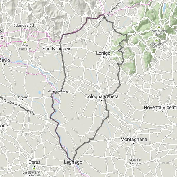 Miniatua del mapa de inspiración ciclista "Ruta de ciclismo de carretera desde Angiari a través de pintorescos pueblos" en Veneto, Italy. Generado por Tarmacs.app planificador de rutas ciclistas