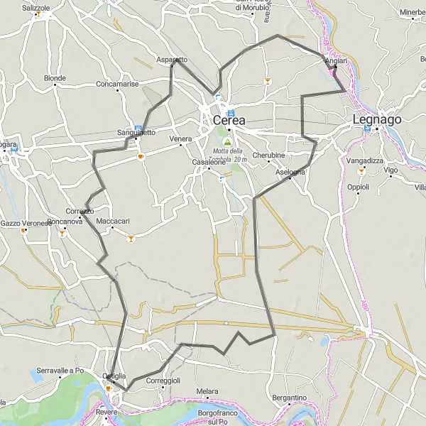 Miniaturní mapa "Cyklistická trasa okolo Angiari" inspirace pro cyklisty v oblasti Veneto, Italy. Vytvořeno pomocí plánovače tras Tarmacs.app