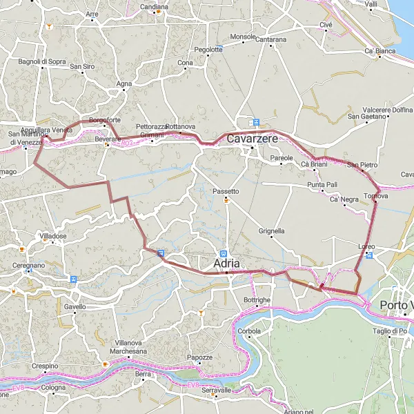 Miniatua del mapa de inspiración ciclista "Ruta de Anguillara Veneta a Loreo" en Veneto, Italy. Generado por Tarmacs.app planificador de rutas ciclistas