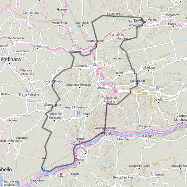 Miniatua del mapa de inspiración ciclista "Ruta de Anguillara Veneta a Boara Pisani" en Veneto, Italy. Generado por Tarmacs.app planificador de rutas ciclistas