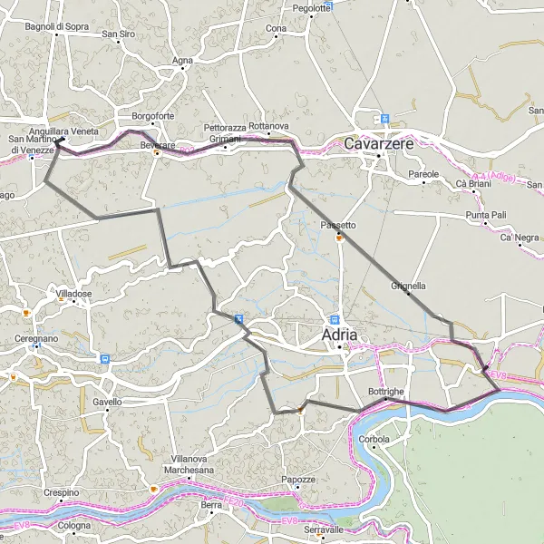Miniatua del mapa de inspiración ciclista "Ruta por Pettorazza Grimani y más" en Veneto, Italy. Generado por Tarmacs.app planificador de rutas ciclistas