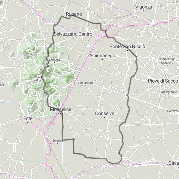 Map miniature of "The Hills of Rubano" cycling inspiration in Veneto, Italy. Generated by Tarmacs.app cycling route planner